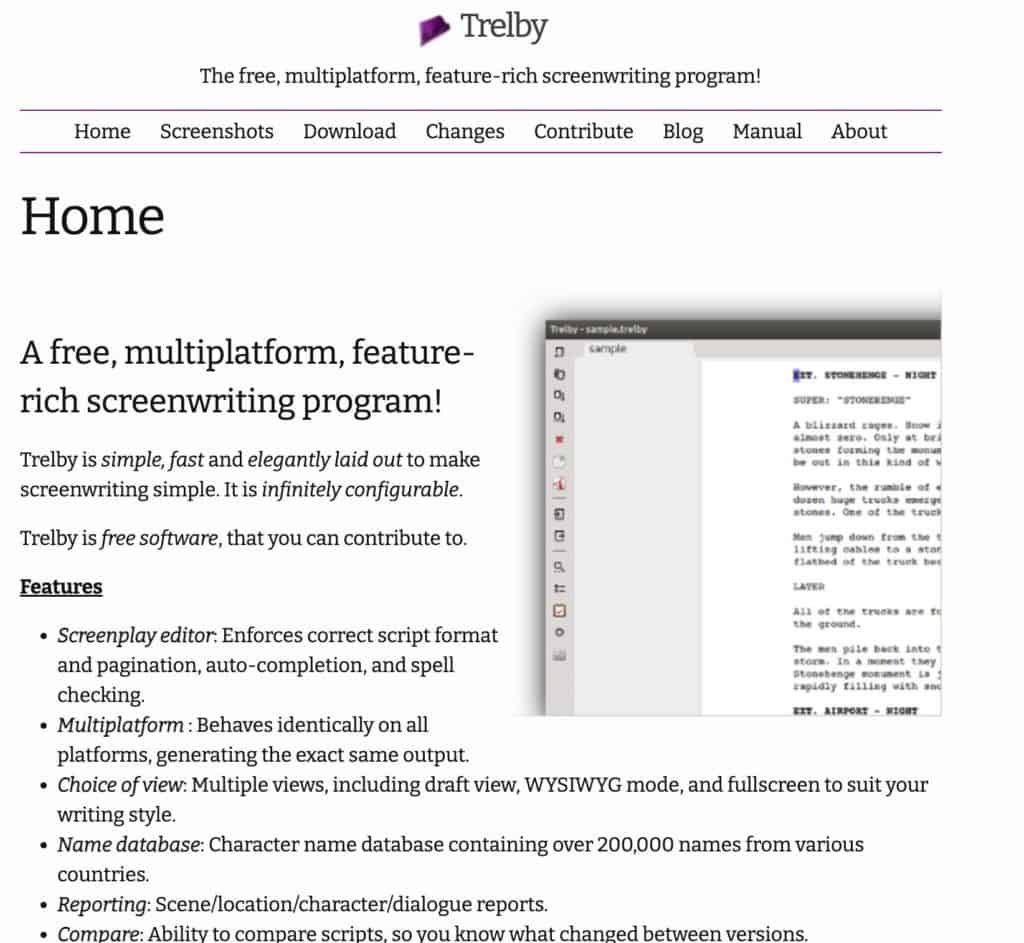 Screenshot of Trelby best screenwriting software homepage