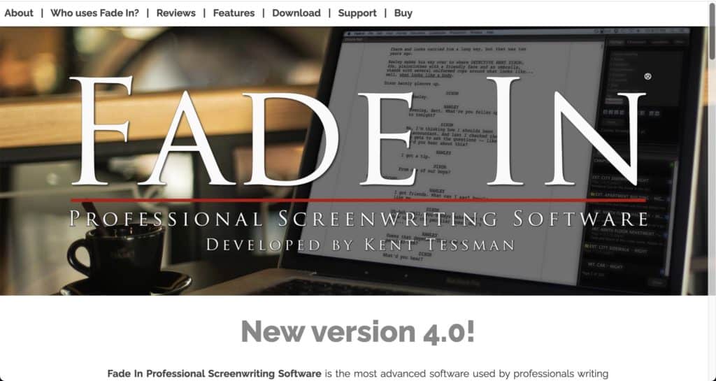 Screenshot of Fade In best screenwriting software homepage