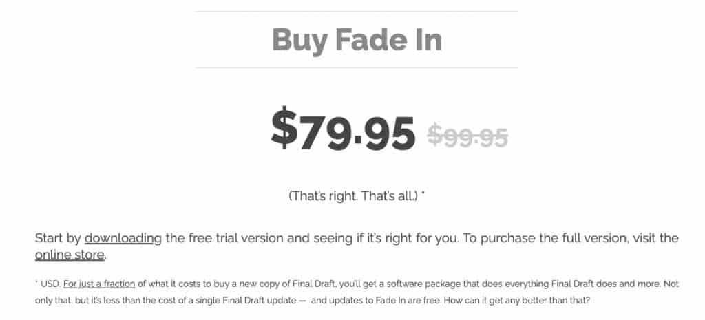 Screenshot of Fade In Pricing page