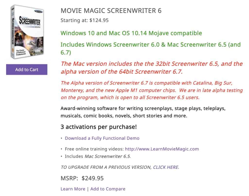 Screenshot of Movie Magic Screenwriter pricing page
