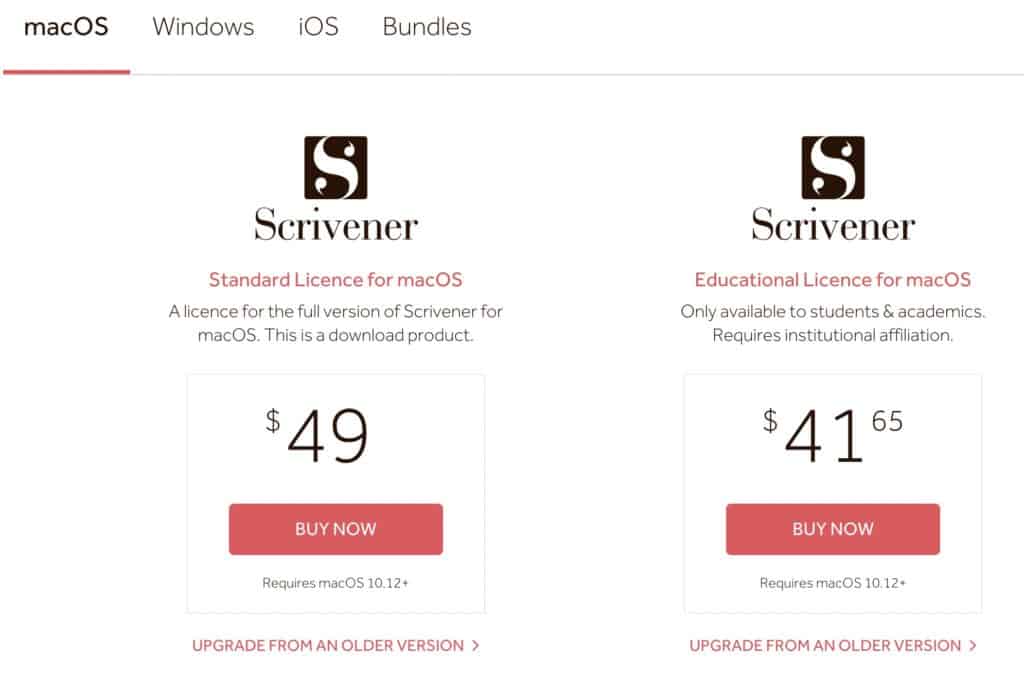 Screenshot of Scrivener pricing page