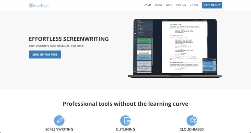 Screenshot of Writer Duet best screenwriting software homepage