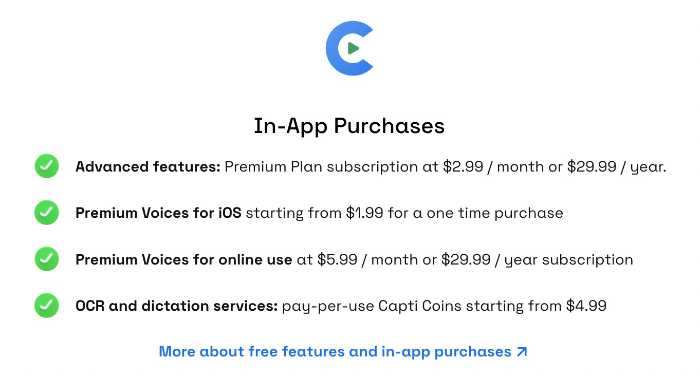 Screenshot of Capti Voice in-app purchases pricing