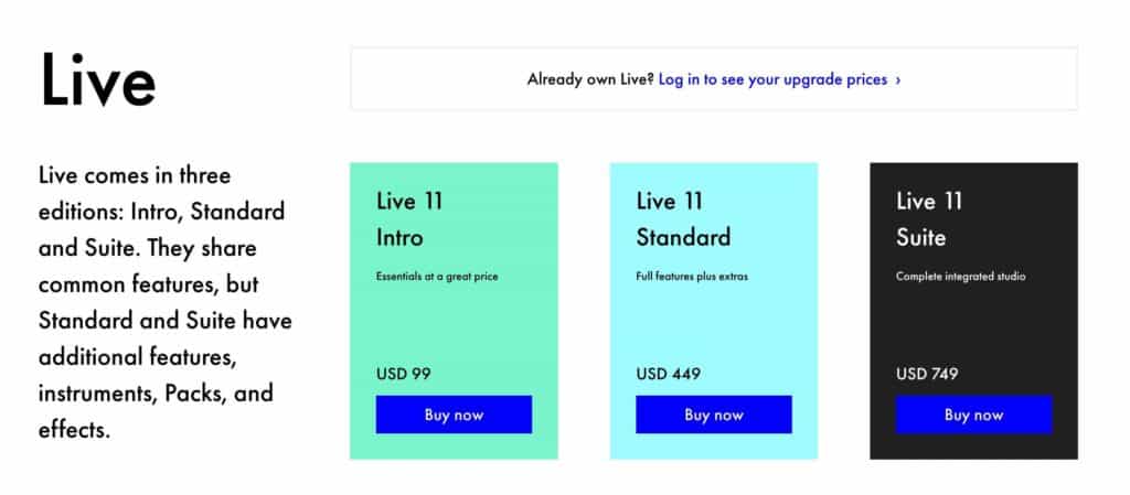 Ableton Live pricing screenshot