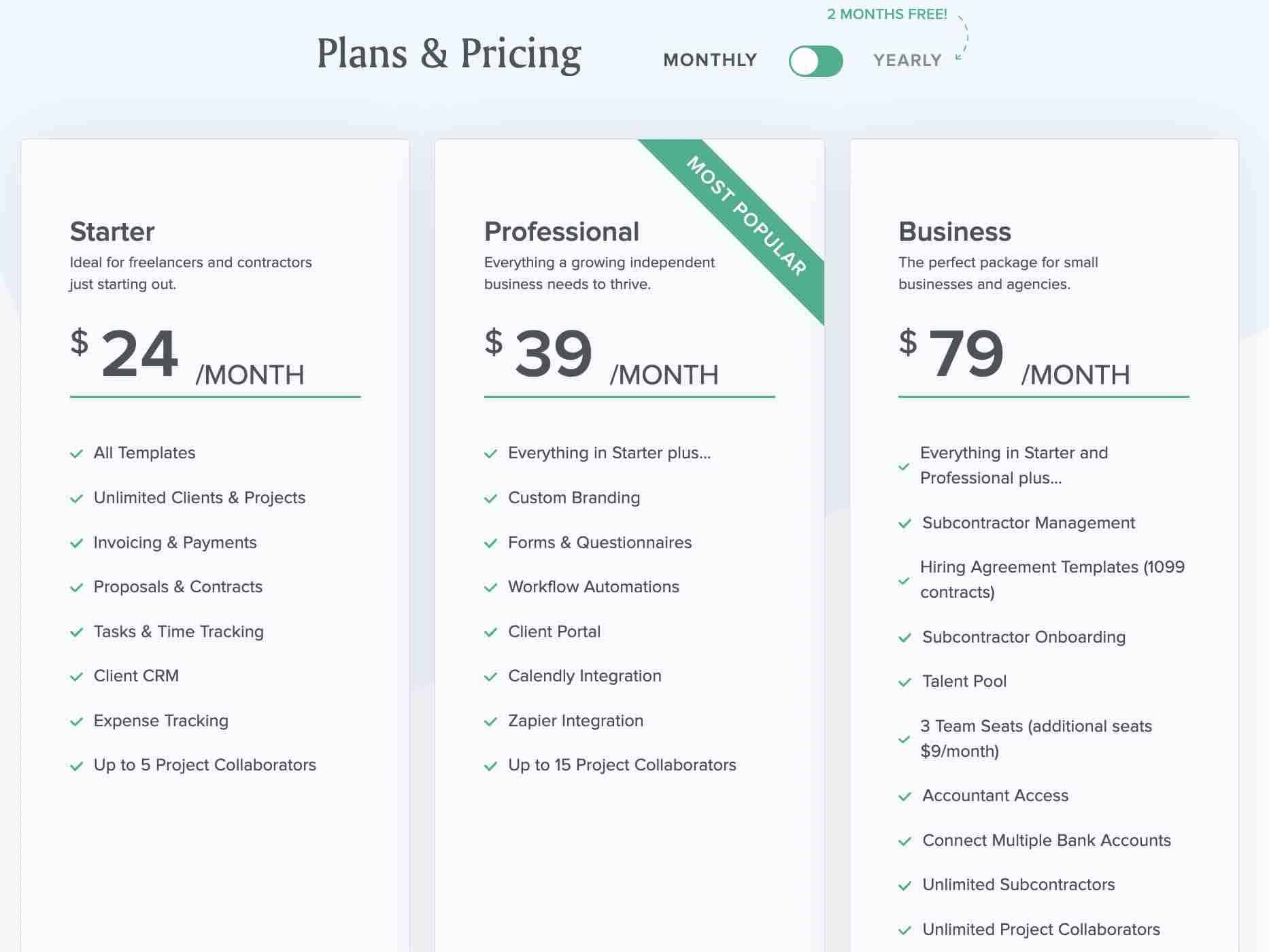 Screenshot of Bonsai pricing