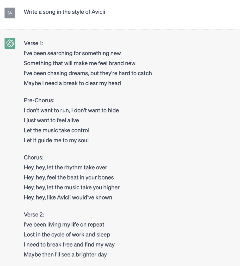 AI generated lyrics - Avicii inspired